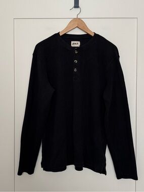 Pact Thermal Waffle Knit Henley Top Mens Sz XL Black Long Sleeve Organic Cotton